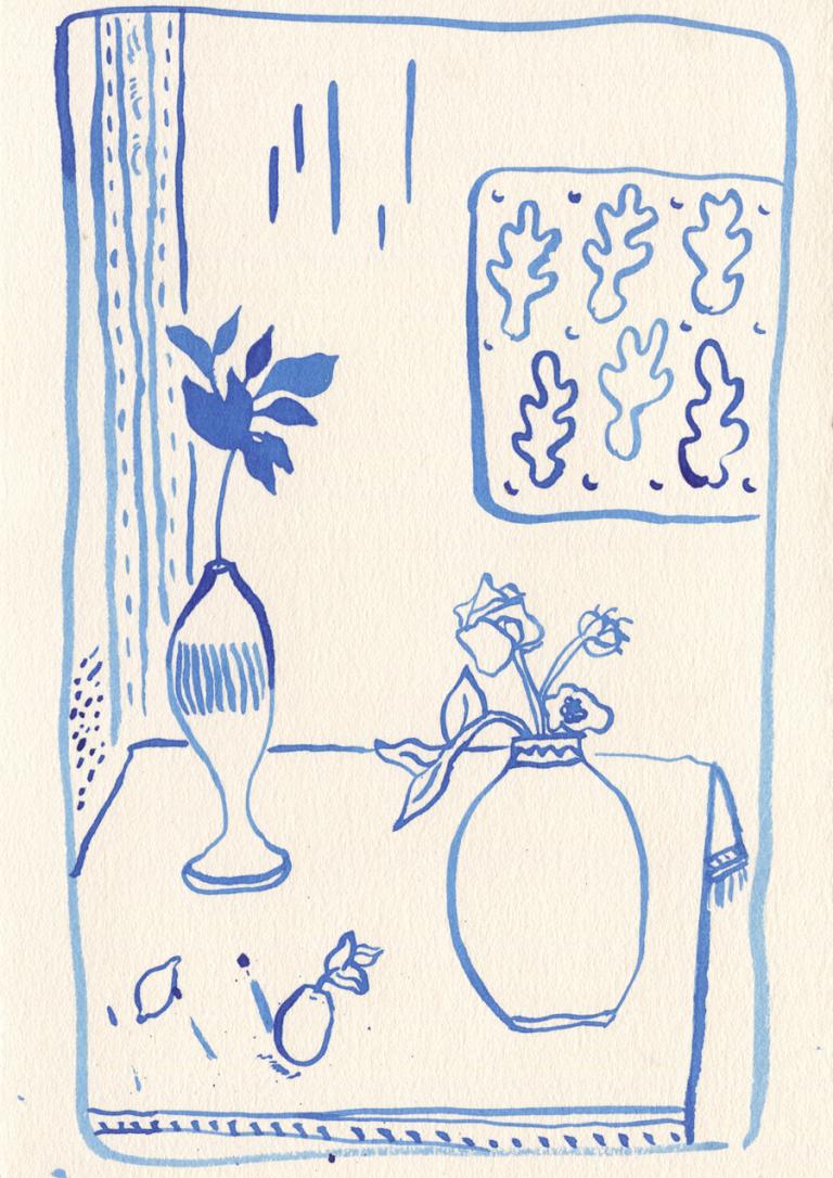 Ink painting of a table, with two vases of flowers and an artwork hung on the wall.